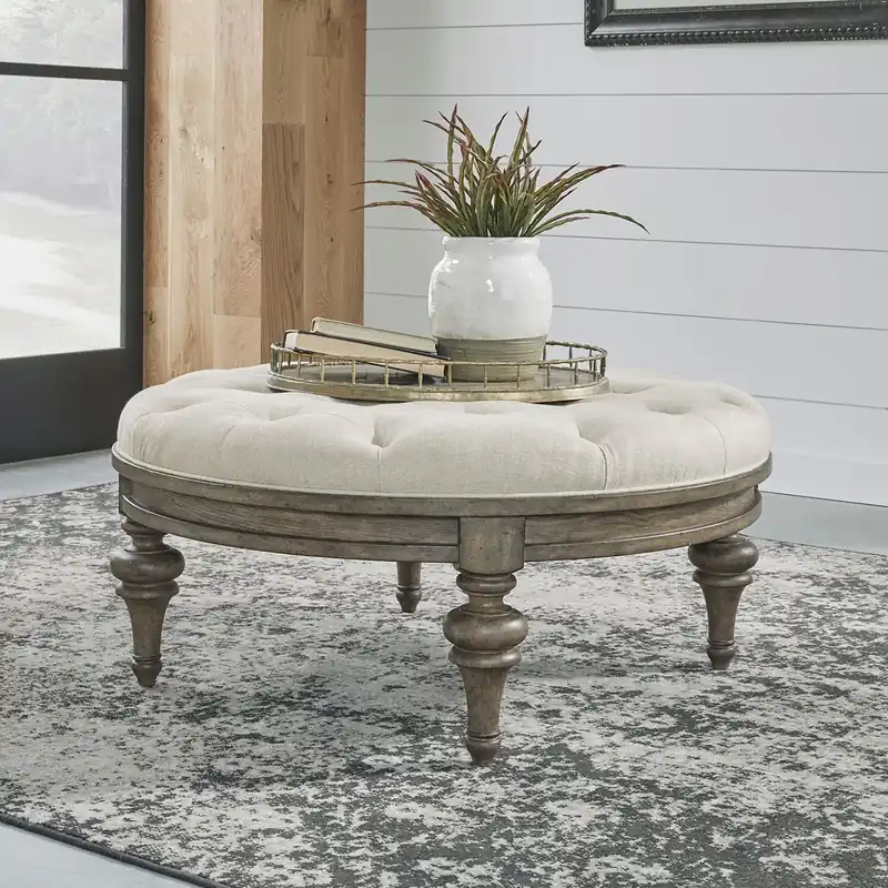 Americana Farmhouse Round Cocktail Ottoman in Dusty Taupe - Liberty