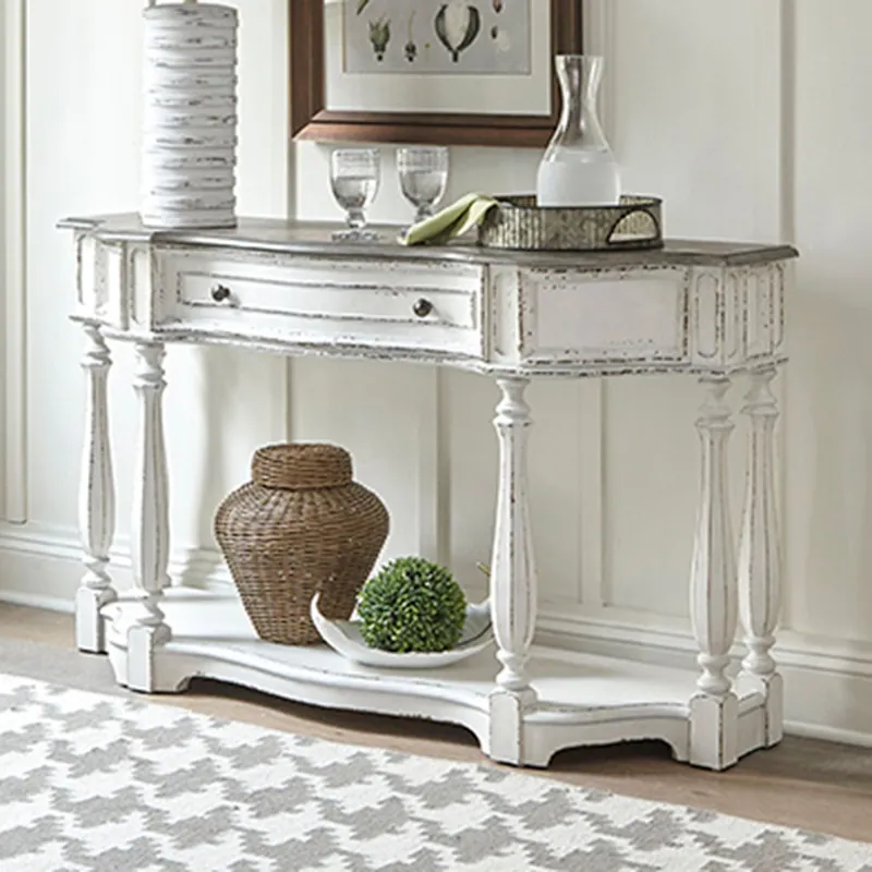 Magnolia Manor 56 Inch Hall Console Table in Antique White Base w/ Weathered Bark Tops - Liberty