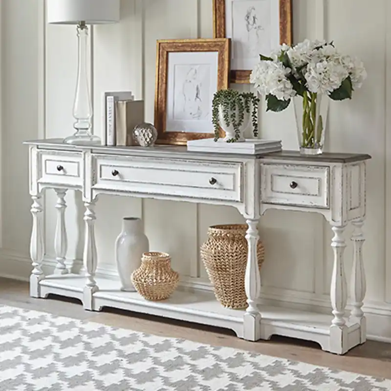 Magnolia Manor 72 Inch Hall Console Table in Antique White Base w/ Weathered Bark Tops - Liberty