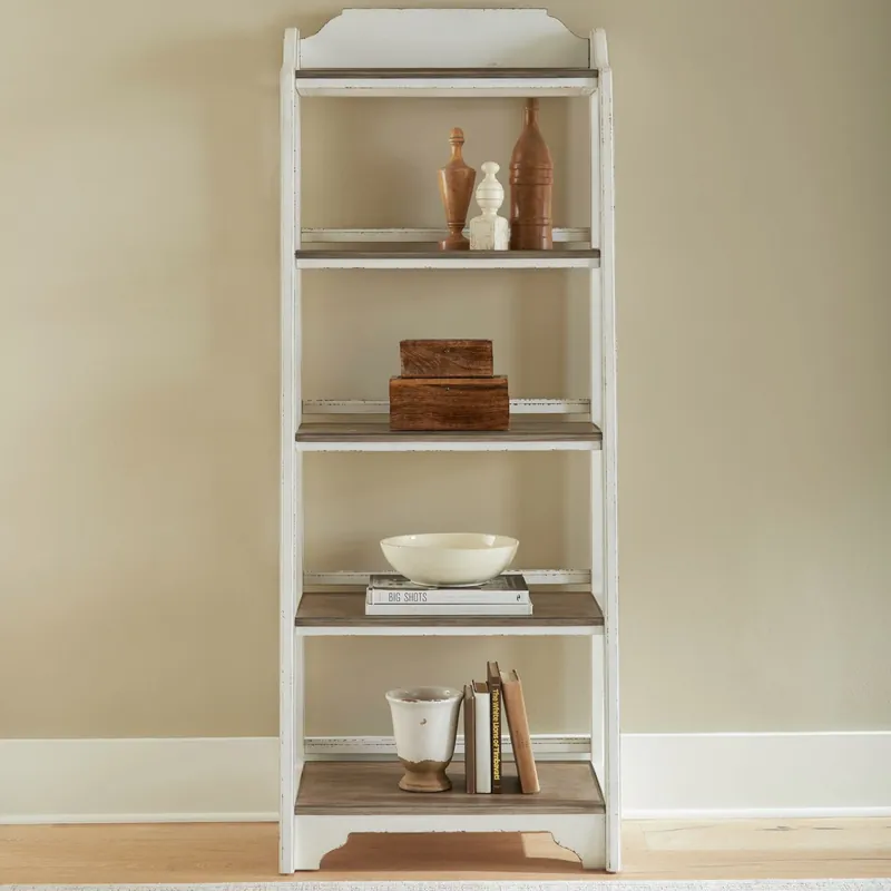 Magnolia Manor Leaning Pier Bookcase in Antique White & Weathered Bark - Liberty