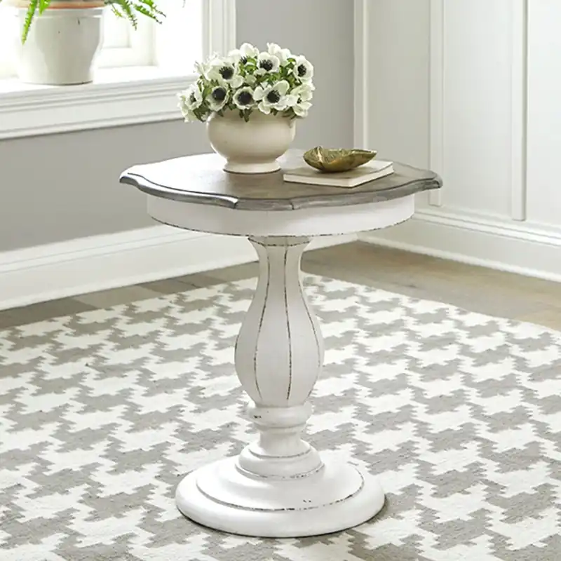 Magnolia Manor Round Accent Table in Antique White Base w/ Weathered Bark Tops - Liberty