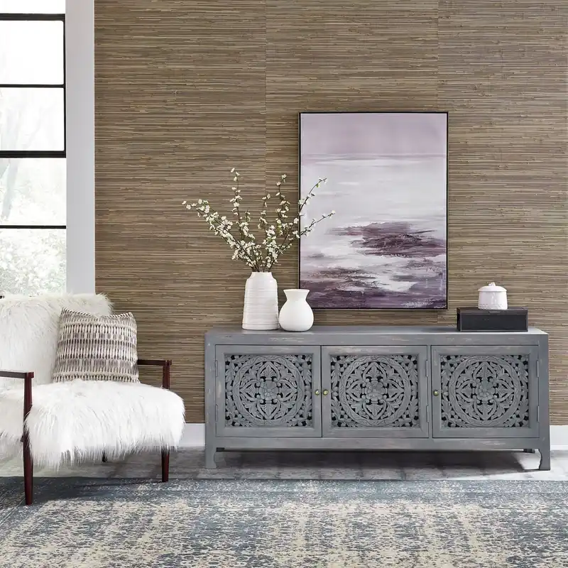 Marisol 65 Inch 3 Door Accent TV Stand in Weathered Honey and Soft Wash Gray - Liberty