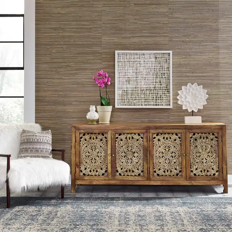 Marisol 74 Inch 4 Door Accent TV Stand in Weathered Honey and Soft Wash Gray - Liberty