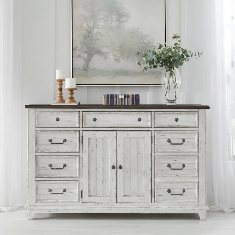 River Place 9 Drawer Dresser in Riverstone White and Tobacco - Liberty