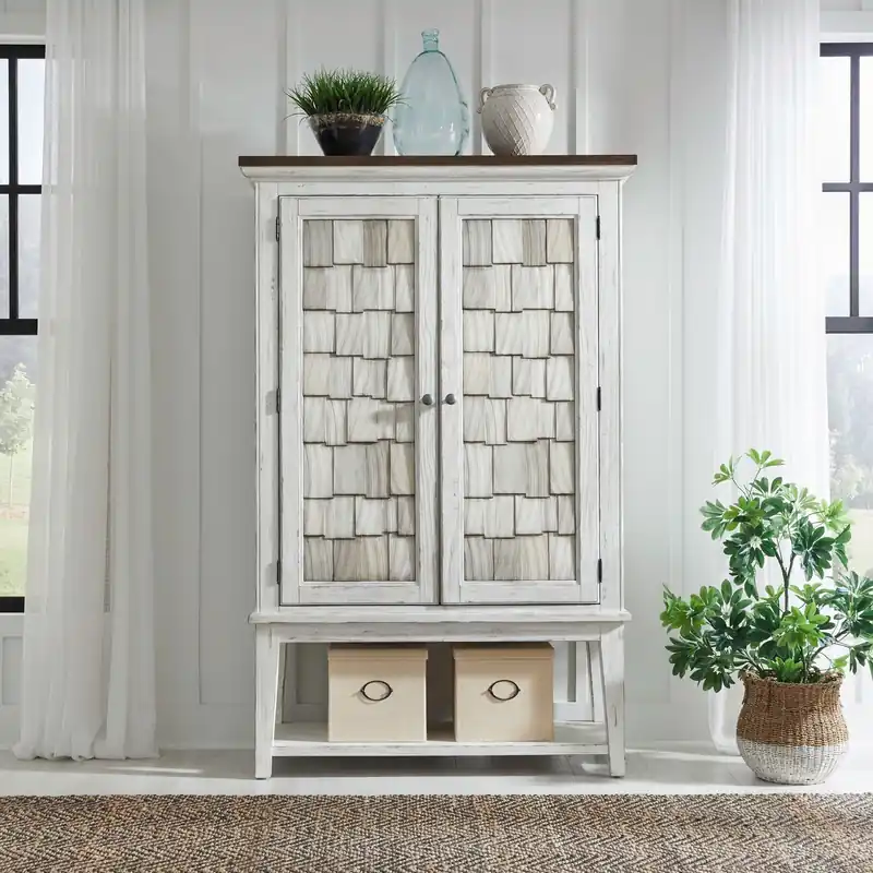 River Place Bar Cabinet in Riverstone White & Tobacco EST SHIP TIME APPX 4 WEEKS - Liberty