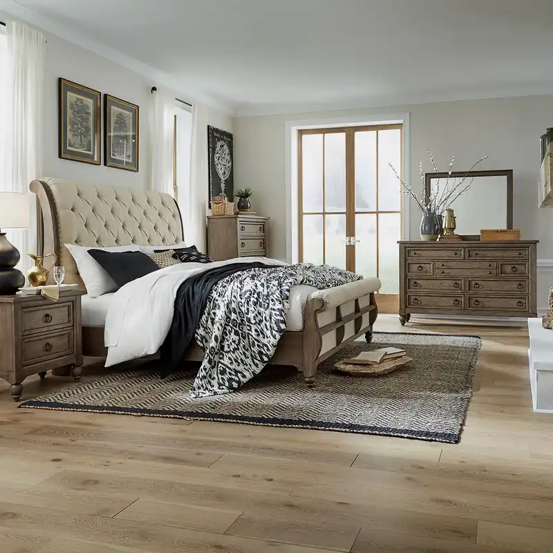 Americana Farmhouse King California Sleigh Bed, Dresser & Mirror, Chest, Night Stand - Liberty