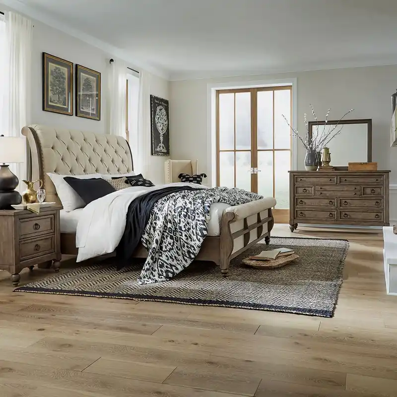 Americana Farmhouse King Sleigh Bed, Dresser & Mirror, N/S - Liberty