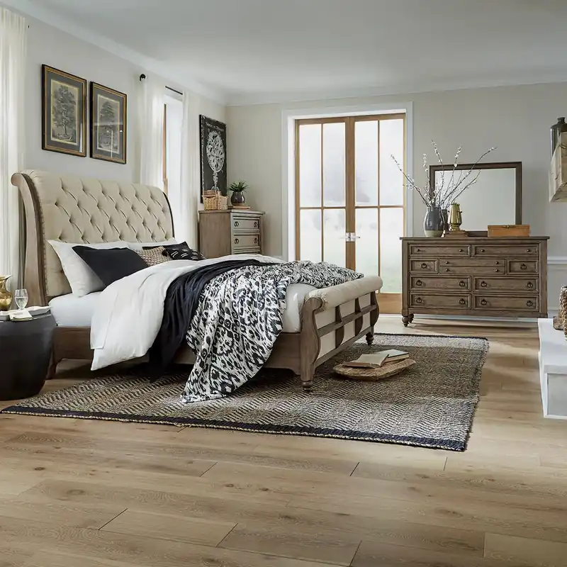 Americana Farmhouse Queen Sleigh Bed, Dresser & Mirror, Chest - Liberty