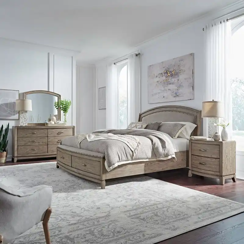 Avalon King California Uph Storage Bed, Dresser & Mirror, Night Stand - Liberty