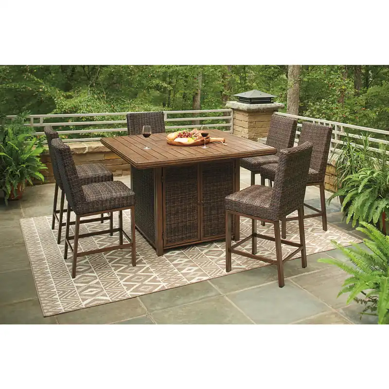Paradise Trail Outdoor Bar Fire Pit Table with 6 Barstools - Signature Design by Ashley®