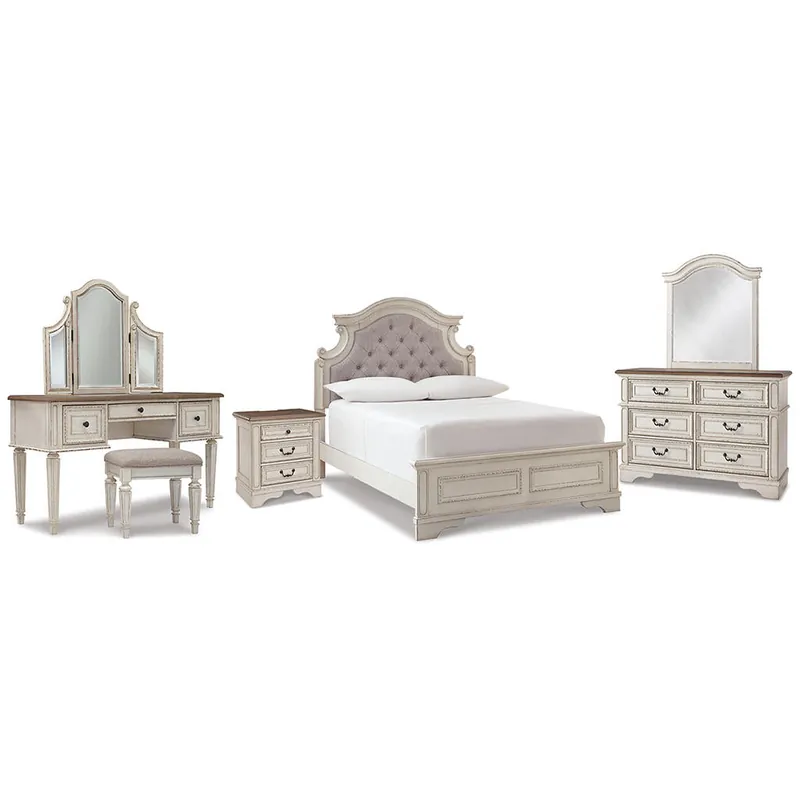 Realyn Full Panel Bed, Dresser, Mirror, 3-Piece Vanity and Nightstand