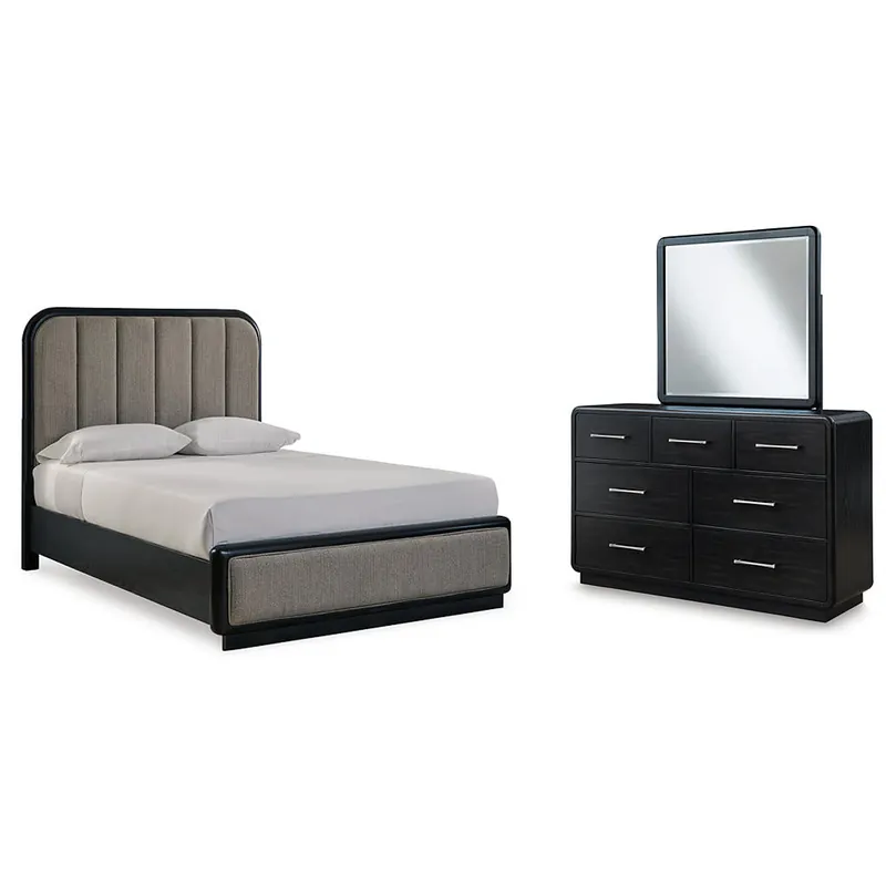 Rowanbeck Queen Upholstered Panel Bed, Dresser and Mirror - Signature Design by Ashley®